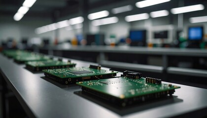 Fototapeta premium Electronic Circuit Boards on Assembly Line in Tech Factory Modern Manufacturing Industry