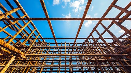 Reinforced iron rack at construction site with blue sky background