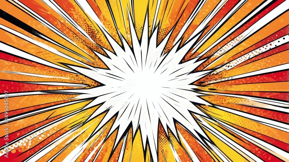 Poster a vibrant and dynamic burst effect, evoking energy and impact in a comic style. it features radiatin