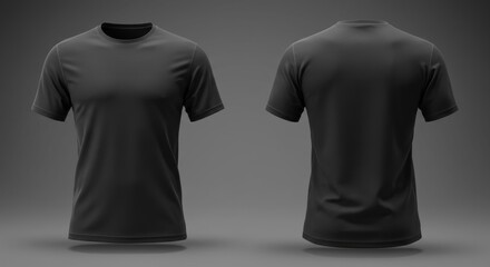 Blank black short-sleeved t-shirt mockup, front and back views, displayed on a neutral gray background. Versatile apparel design template with no details for customization purposes.