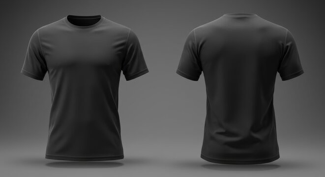 Blank black short-sleeved t-shirt mockup, front and back views, displayed on a neutral gray background. Versatile apparel design template with no details for customization purposes.