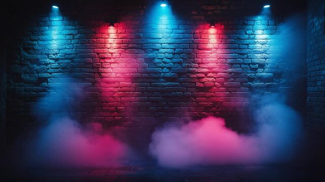 Neon lights brick wall fog background