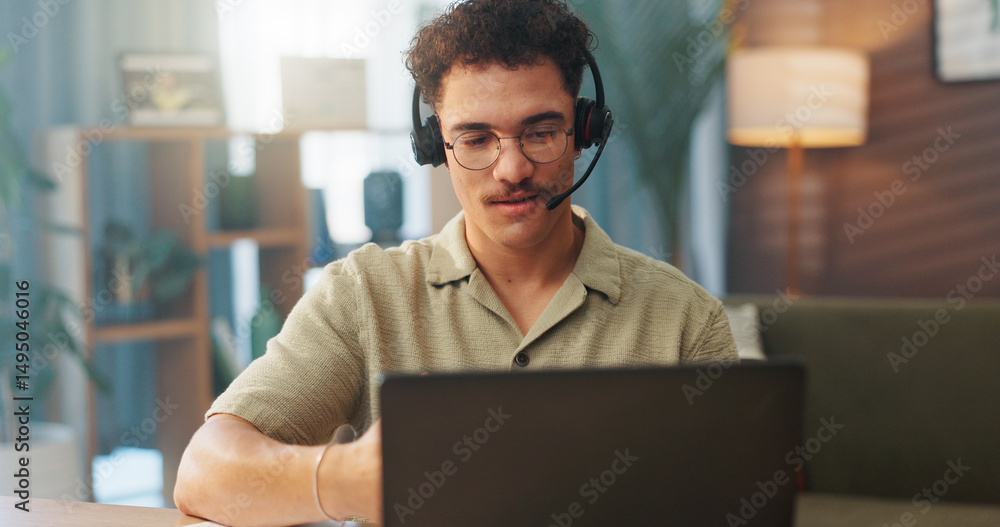 Poster man, consultant or remote worker with headset on laptop for online advice or communication at home. 