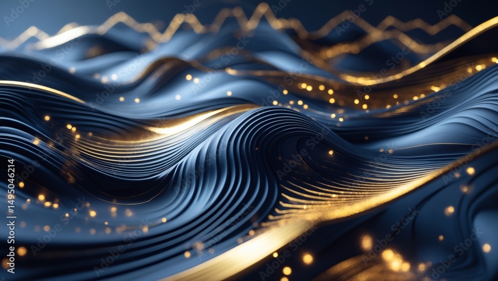 Poster abstract lines and flowing shapes in shades of blue and gold, creating a sense of movement and elega