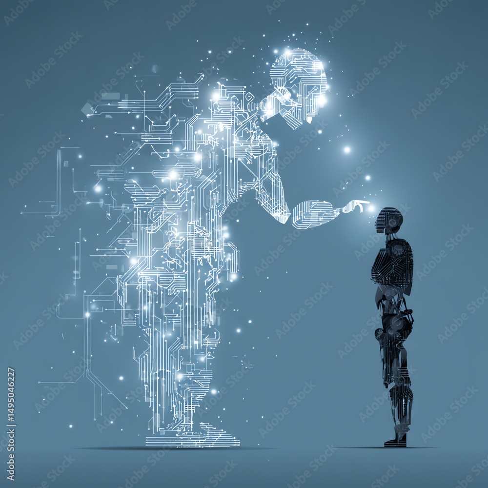 Poster artificial intelligence interacting with robot concept
