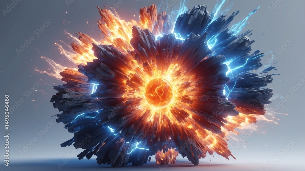 Poster abstract fiery and icy explosion, a digital art piece with contrasting colors of blue and orange cre