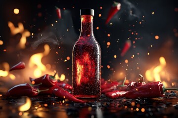 Hot sauce bottle surrounded by chili peppers and fire