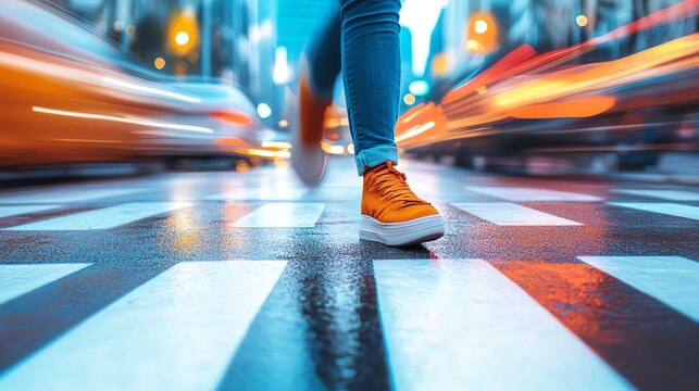 Person Walking Across Zebra Crossing in Busy City – Black and White