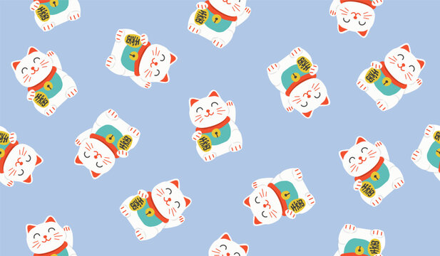 Cute maneki neko lucky cat pattern background vector design