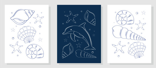 Set of minimalistic posters with hand-drawn shells, clams, and a dolphin in sketch style. Vector illustration for templates, labels, postcards, menus, prints, posters, patterns.
