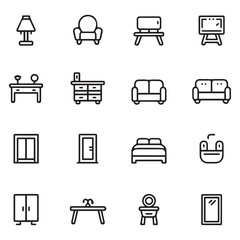 Furniture Line Icons. Editable Stroke. Pixel Perfect. For Mobile and Web. Contains such icons as Lamp, Armchair, Tv Bench, Desk, Sofa, Couch, Door, Bed, Wardrobe, Bath, Dining Table, Mirror