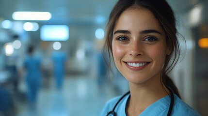 Obraz premium Smiling Medical Professional in Scrubs Offering Reassurance in Hospital