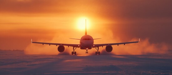 Fototapeta premium Airplane Landing at Sunset