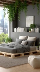 Bright modern bedroom showcases large windows, cozy furnishings, and vibrant greenery, highlighting a tranquil living space in the city