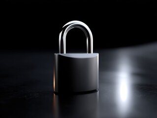 Fototapeta premium Silver security lock in empty room black room and lit from the side with lots of copy space