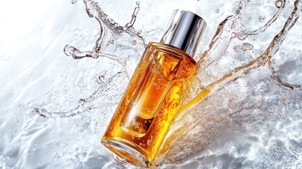 Amber perfume bottle in water splash