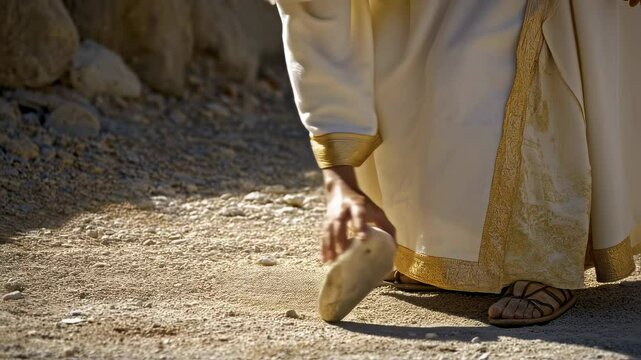 The hand of Jesus Christ bends down to take a stone. Gospel illustration "Whoever is without sin, let him cast the first stone at her"