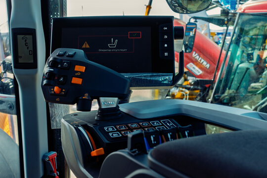 Ukraine, Kyiv - May, 17, 2019:Ergonomic Tractor Controls Modern Farming Technology Agricultural Equipment Vehicle Operation Modern Machinery Farming Innovation Joystick