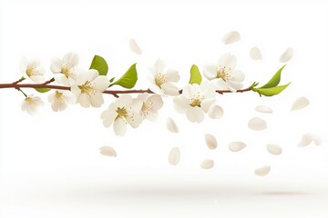 Flat style vector image of blooming cherry blossom branch with petals flying across white background