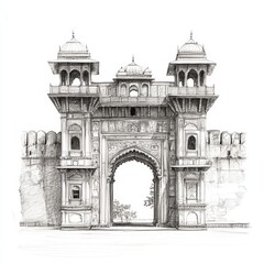 Detailed pencil sketch of the historic Shaniwar Wada fort entrance featuring Mughal-style arches, domes and ornate architectural elements