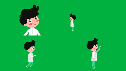 4k green screen animated cartoon with 2d characters boy, standing, walking, and turning. Perfect for chroma key, children, or school animation and stock video.