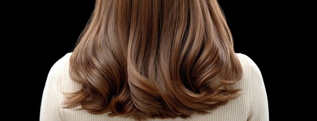 Naklejka premium Woman with long, wavy hair is positioned against a dark background, creating a striking and elegant visual impact captured in detail