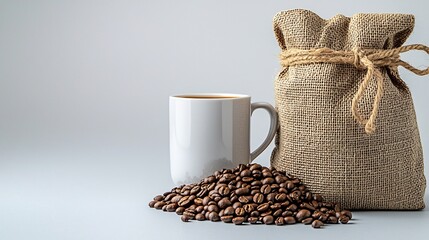 Coffee beans in burlap bag and mug