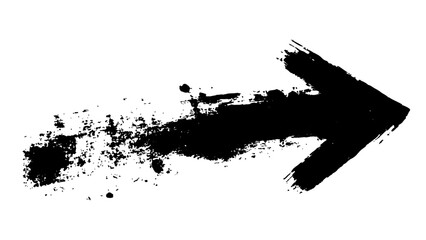 A dramatic black arrow painted with splashes, symbolizing direction and action isolated on a white background.