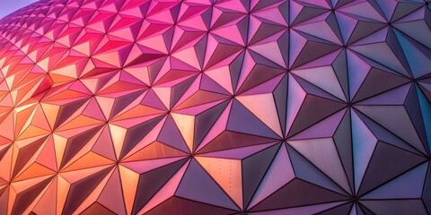 Abstract geometric dome pattern with vibrant pink and purple lighting on triangular metal panels, futuristic architectural surface