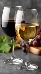 Two glasses, one filled with rich red wine and the other with clear water, are elegantly presented on a table with ambient lighting