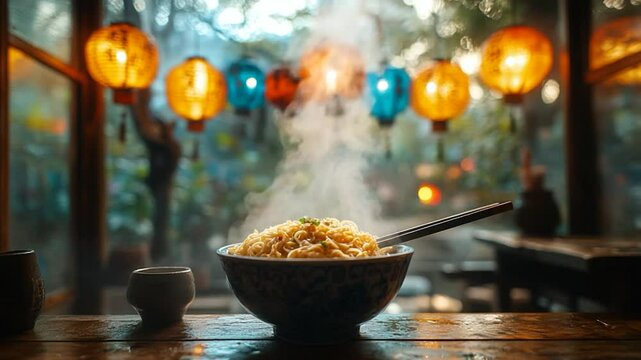 Noodles steaming in bowl