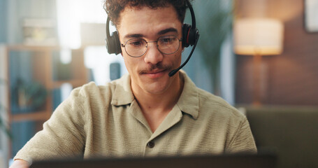 Video call, remote work and man with headset on laptop for conversation, online chat and virtual meeting. Communication, working from home and person for discussion, talking and webinar on computer