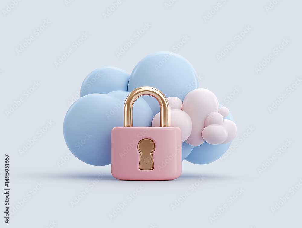 Poster flat vector of a secure file transfer icon with lock and cloud, white background