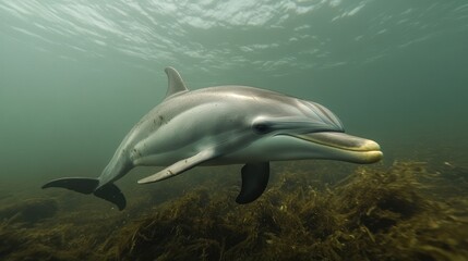 Naklejka premium Dolphin Underwater Swimming Near Seaweed