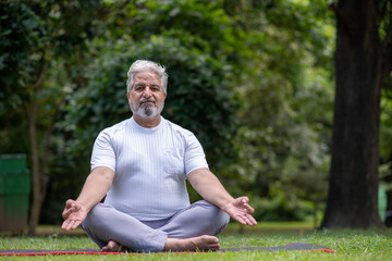 Indian Healthy senior man meditating in park, sitting lotus pose on yoga mat outdoor