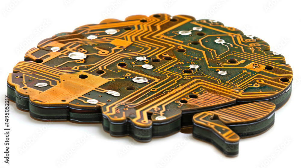 Poster abstract representation of a brain made of electronic circuit board components, combining technology