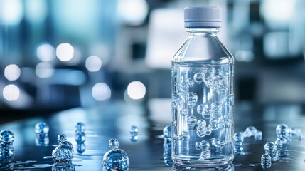 Magnetized Water Bottle with Structured Molecules in Clear Background