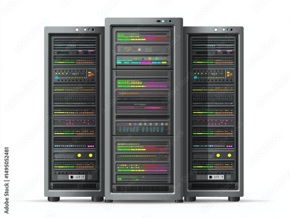 Poster flat vector server rack with blinking indicator lights, data infrastructure theme, white background