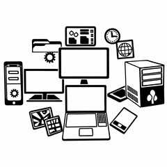 Set of computer icons in vector style for business, technology, and internet use, featuring symbols like phone, laptop, money, video, and more