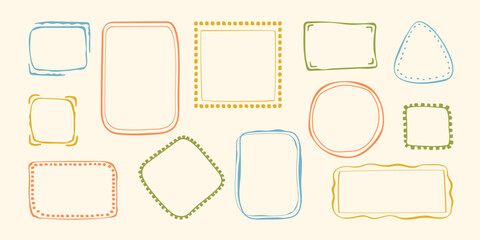 Wavy stamp frame set, vector hand drawn curved borders, abstract wiggle empty wavy curly monograms cadres kit. Minimalist squiggle scribble swirl design elements. Isolated. Vector illustration.