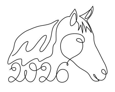 Horse 2026 year one line art, hand drawn continuous contour. Holiday equine concept, festive New year chinese astrological horoscope, odd-toed ungulate maned hoss outline. Editable stroke. Isolated. 