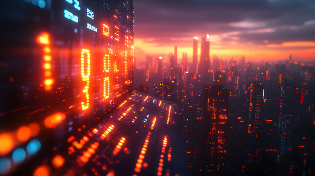 Abstract digital data stream visualization, glowing orange and blue numbers on a dark screen, city lights blurred in the background, suggesting technological innovation and financial m : Generative AI