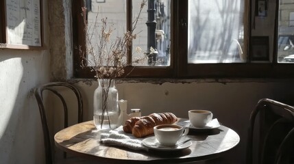 Fototapeta premium Sunny cafe table with croissants and coffee
