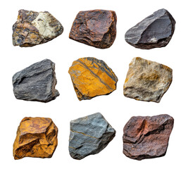 Collection of fossil rocks on transparent background