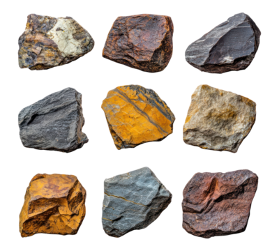 Collection of fossil rocks on transparent background