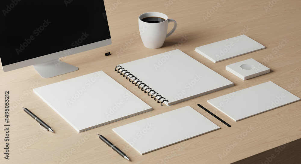 Poster workspace mockup with blank stationery and computer. professional designer or graphic artist in mode