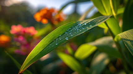 Dew-Kissed Leaf in a Lush Garden A Close-Up of Nature's Beauty with Vibrant Colors and Refreshing Moisture