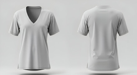Light gray v-neck short sleeve t-shirt displayed front and back on a light gray background. Blank, neutral, female garment ready for customization.