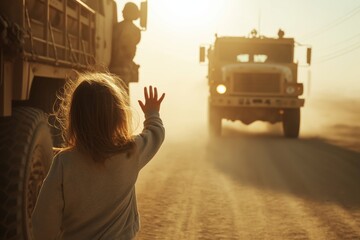 Girl waving goodbye to a soldier parent boarding a military truck, dusty road, emotional tension, golden sunlight