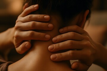 Relaxation techniques with hands on neck for stress relief.